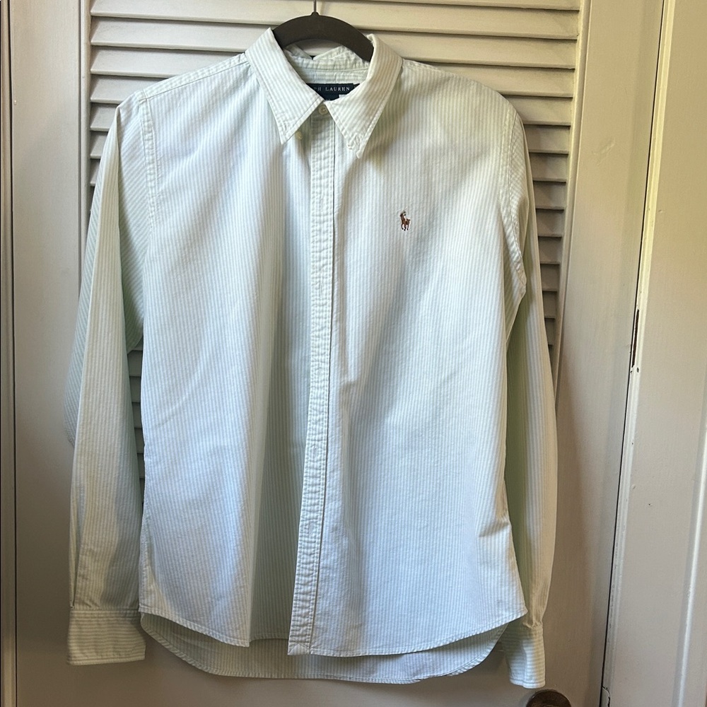 Ralph Lauren ladies green/white striped 
14 cotton button down  blouse shirt